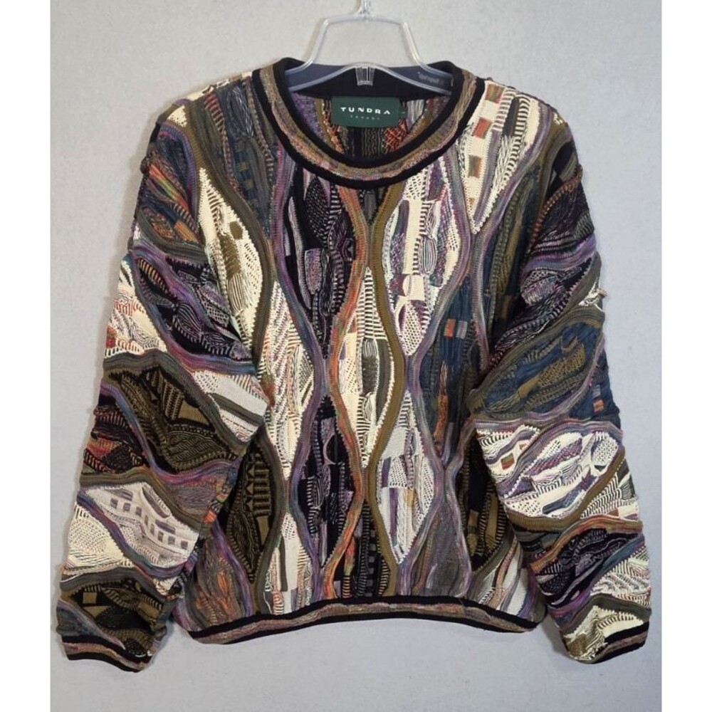 Vtg Tundra Canada Sweater Mens L 3D Chunky Knit Coogi Style Biggie Cosby Hip Hop